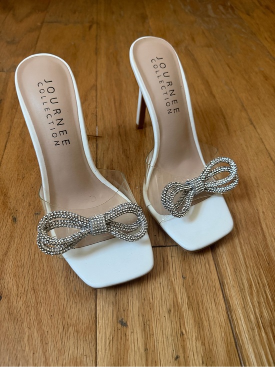 Journee Collection Shoes - Journee Collection White Heeled Slide with Rhinestone Bow Accent